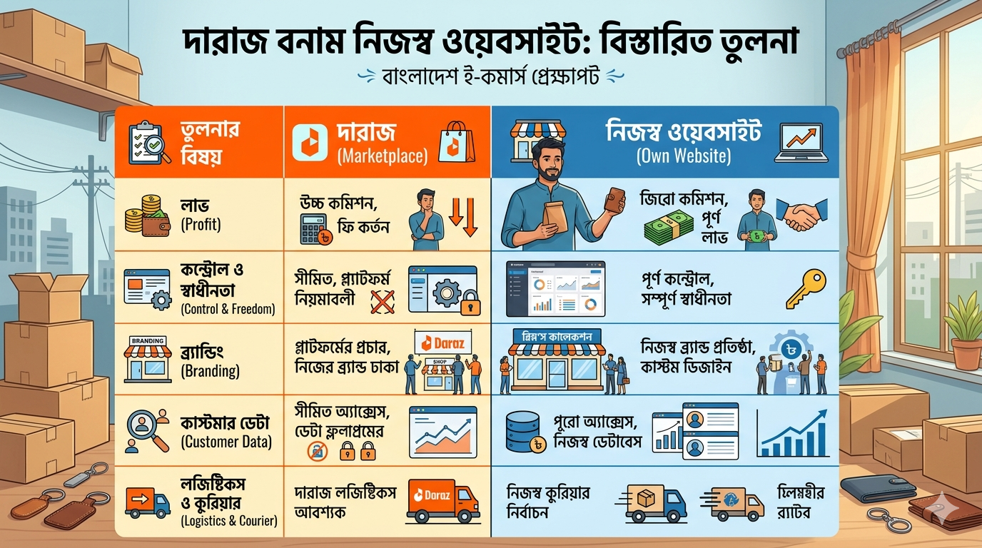 Infographic showing a detailed comparison table between Daraz and an own ecommerce website using orange and blue theme.