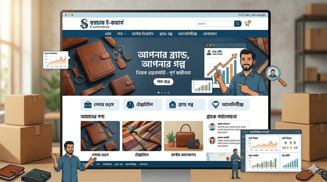 নিজস্ব ওয়েবসাইটের কাস্টম ব্র্যান্ডিং ও লোগো সমন্বিত একটি ই-কমার্স হোমপেজ ডিজাইনের উদাহরণ।”