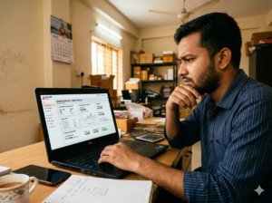 Daraz seller dashboard দেখে হিসাব করছে একজন বাংলাদেশি বিক্রেতা