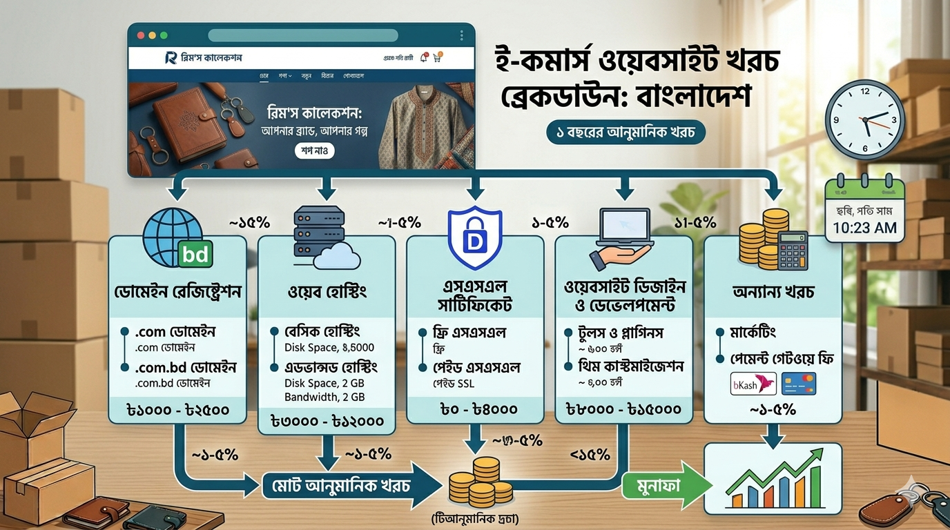 Infographic showing cost breakdown for running an ecommerce website including domain, hosting and SSL.