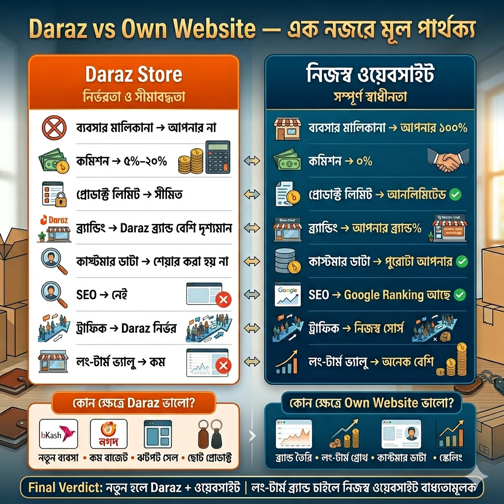 দারাজ আর নিজের ওয়েবসাইট এর মধ্যে পার্থক্য 