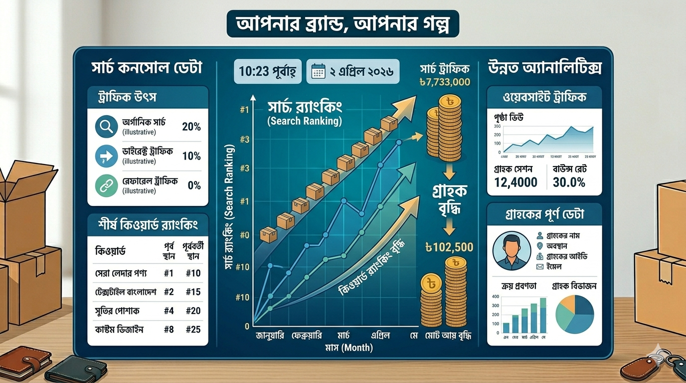 এসইও-র মাধ্যমে ওয়েবসাইটের গুগল ট্রাফিক বাড়ার একটি গ্রোথ চার্টের ভিজ্যুয়াল।”