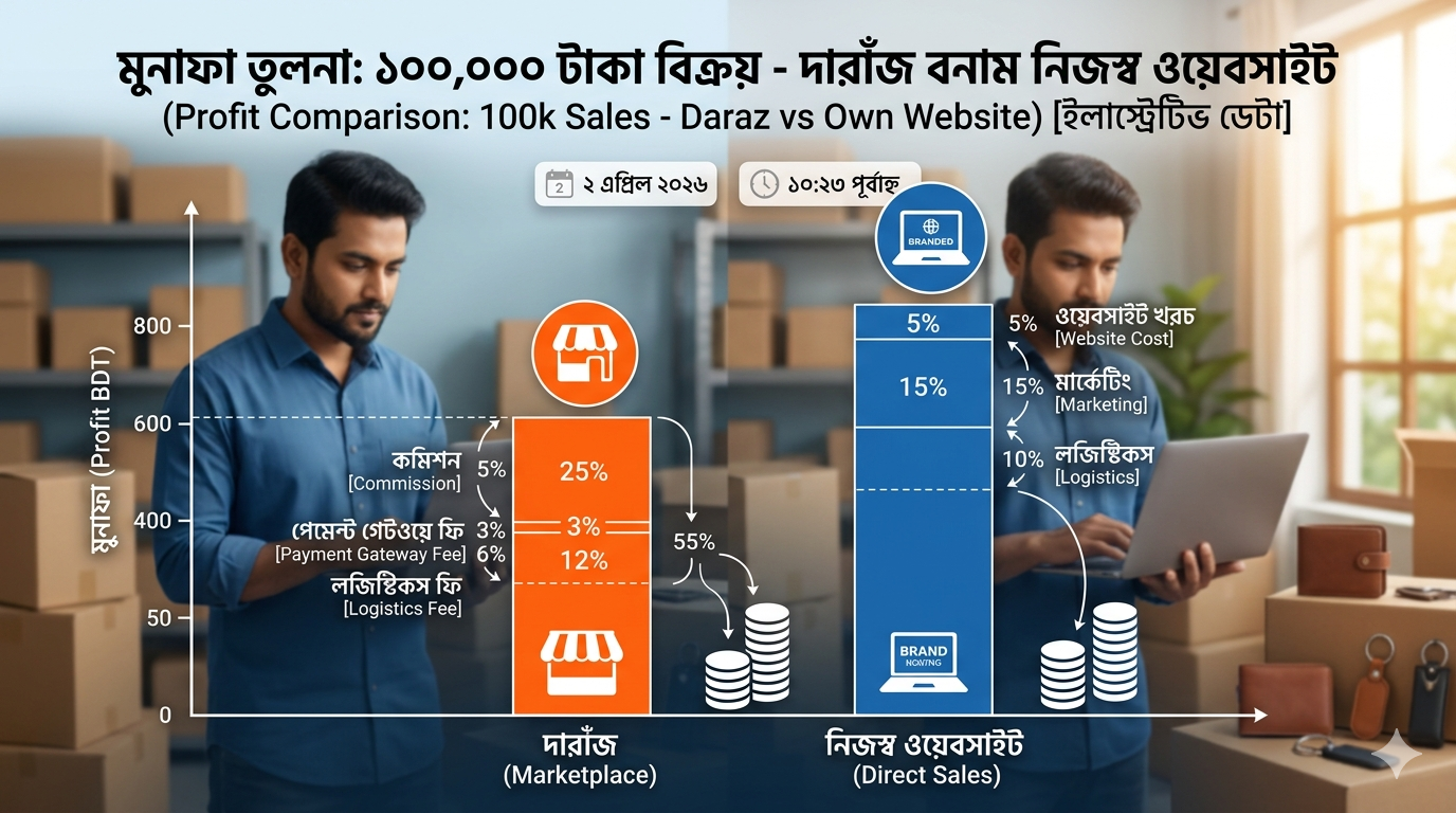 Bar chart comparing monthly profit from Daraz and an own website based on 100k sales.